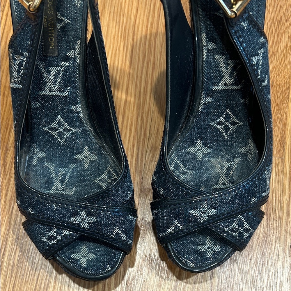 Vintage Louis Vuitton blue denim Wedge Sandals espadrille shoe 37 - Picture 7 of 12